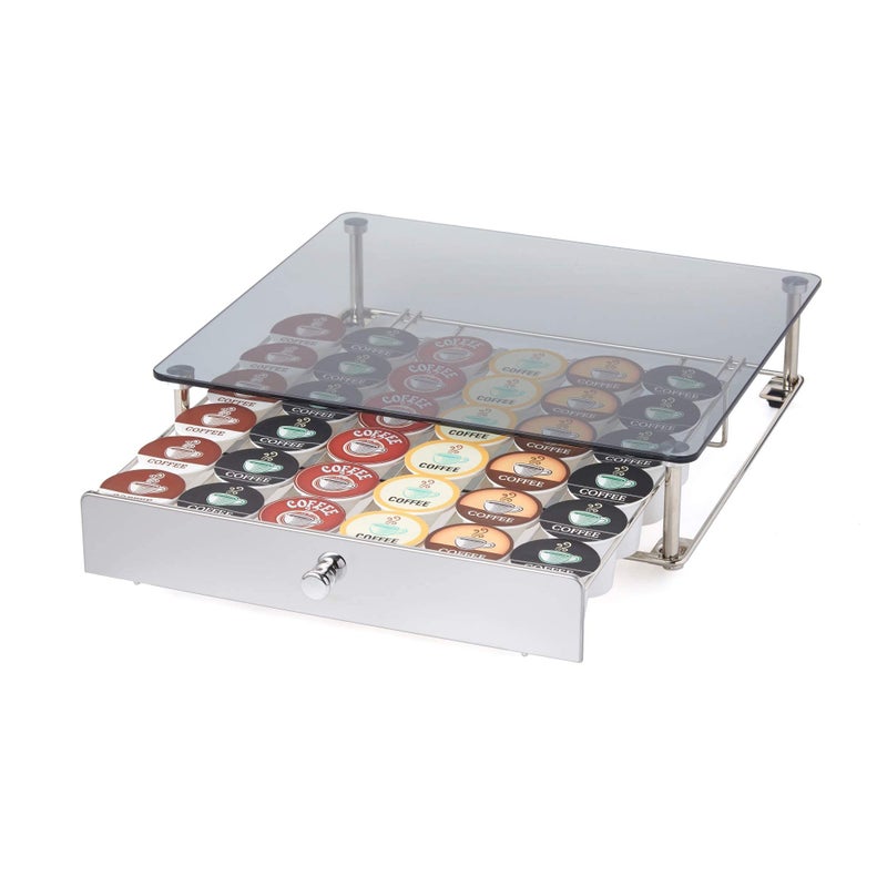 Nifty Solutions Nifty Rolling Coffee Pod Drawer - Glass Top & Chrome Finish, Compatible with K-Cups, 36 Pod Pack Holder, Compact Under Coffee Pot Storage Drawer, Slim Home Kitchen Counter Organizer - Image 1